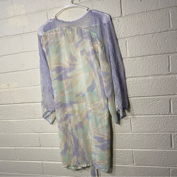 Pretty Sheer Robe Wrap Pajama Loungewear Mesh Floral Purple Green Lingerie Tie M - Picture 5 of 6